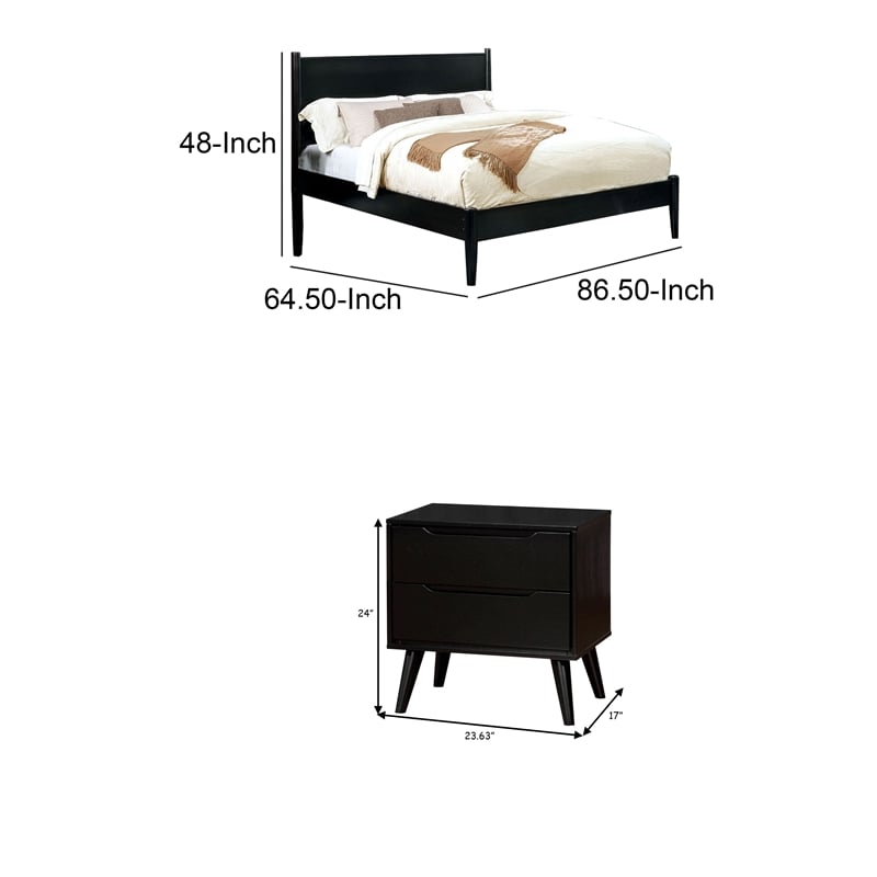 Queen Bedroom Set- Black Wood- 2 Piece Set with Nightstand