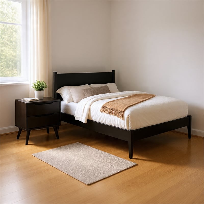 Queen Bedroom Set- Black Wood- 2 Piece Set with Nightstand