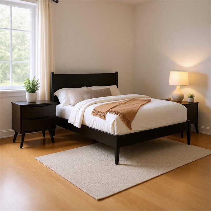 Queen Bedroom Set- Black Wood- 2 Piece Set with Nightstand