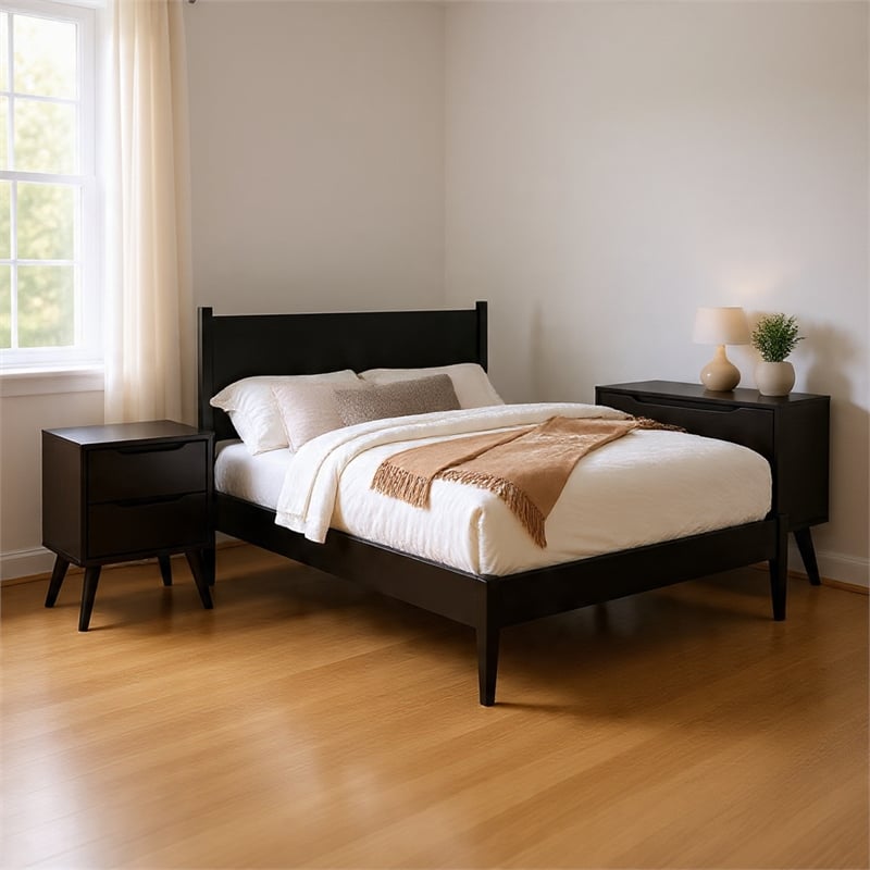 Queen Bedroom Set- Black Wood- 3 Piece Set with 2 Nightstands