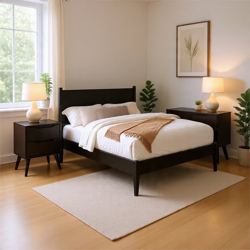 Queen Bedroom Set- Black Wood- 3 Piece Set with 2 Nightstands