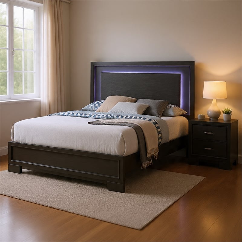 Queen Bedroom Set- Dark Gray- Metallic Gray Wood- 2 Piece Set with Nightstand