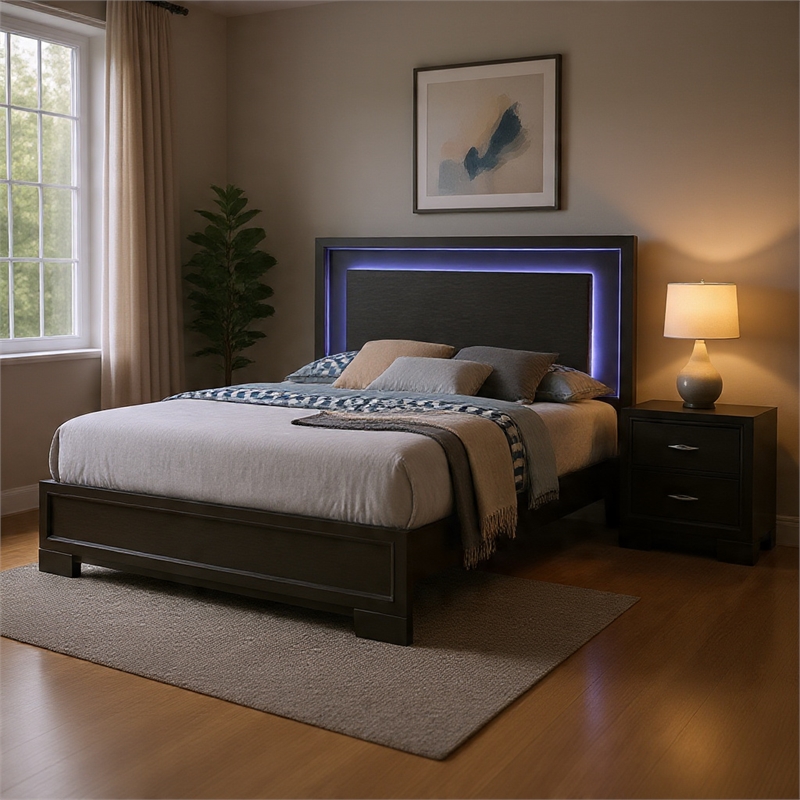 Queen Bedroom Set- Dark Gray- Metallic Gray Wood- 2 Piece Set with Nightstand