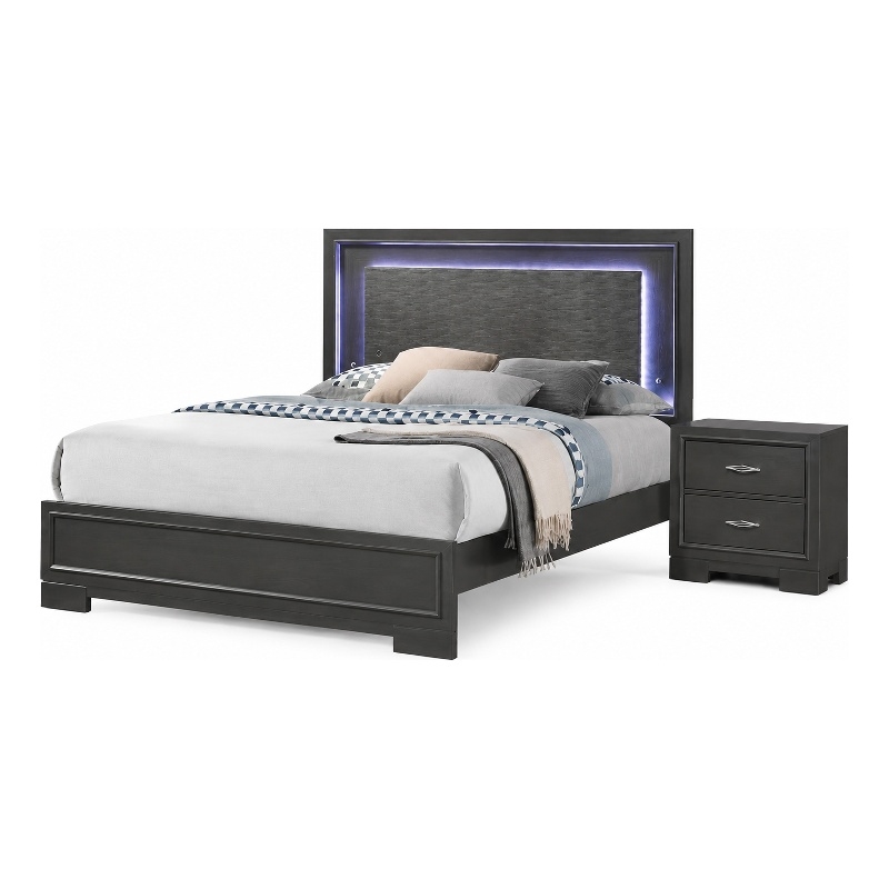 Queen Bedroom Set- Dark Gray- Metallic Gray Wood- 2 Piece Set with Nightstand