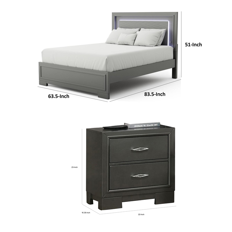 Queen Bedroom Set- Dark Gray- Metallic Gray Wood- 3 Piece Set with 2 Nightstands