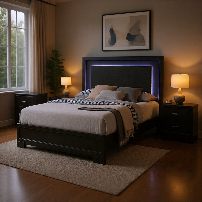 Queen Bedroom Set- Dark Gray- Metallic Gray Wood- 3 Piece Set with 2 Nightstands