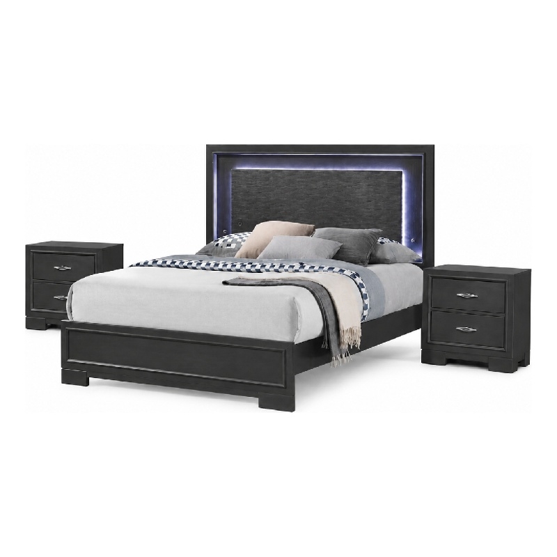 Queen Bedroom Set- Dark Gray- Metallic Gray Wood- 3 Piece Set with 2 Nightstands