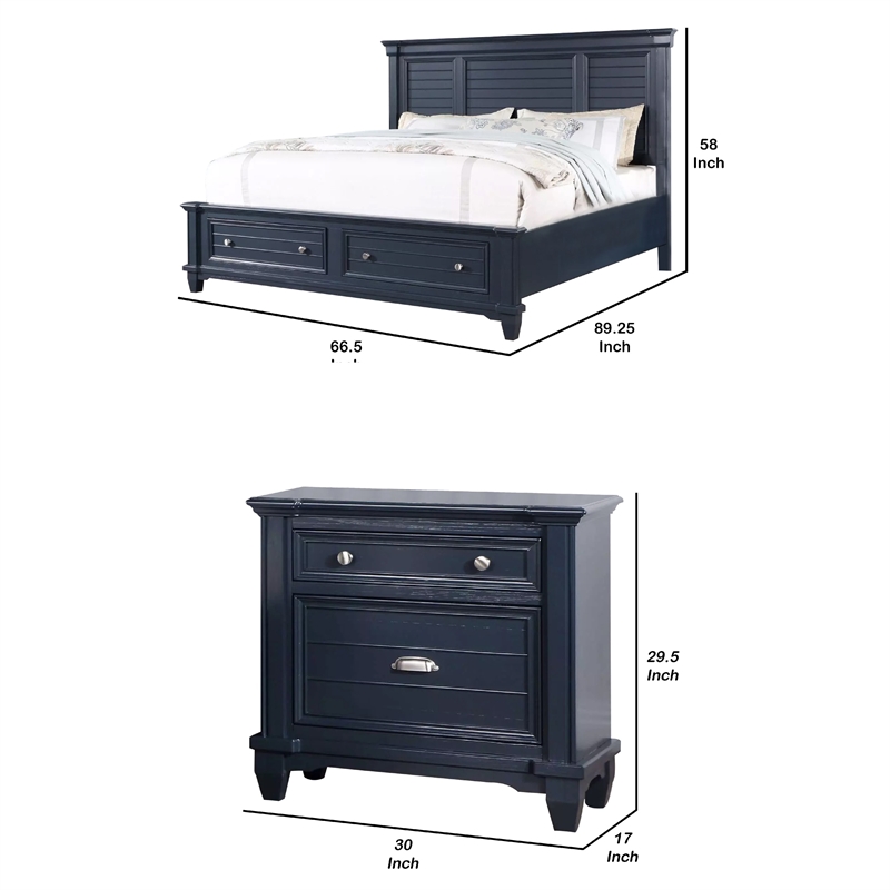 Queen Bedroom Set- Slate Blue- Nickel Wood- 2 Piece Set with Nightstand