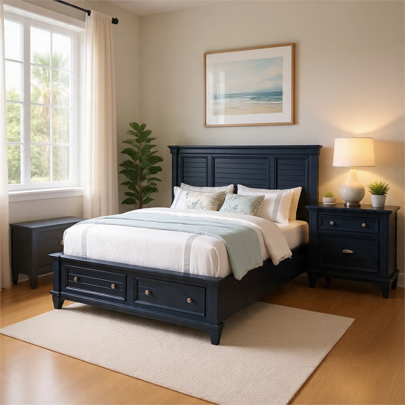 Queen Bedroom Set- Slate Blue- Nickel Wood- 2 Piece Set with Nightstand