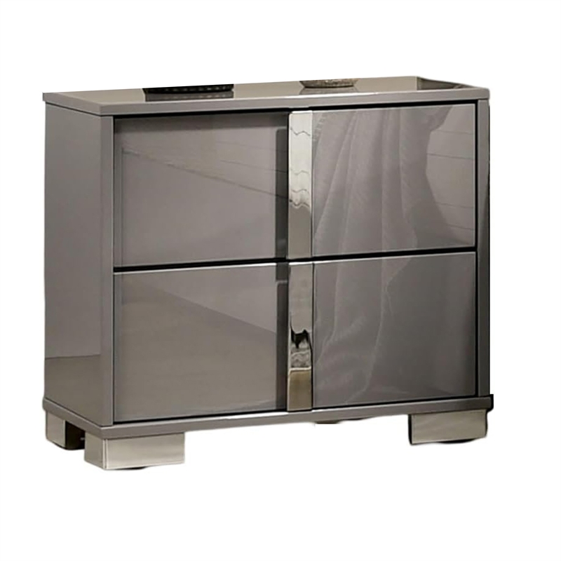 Queen Bedroom Set- Light Taupe- Chrome Silver Wood- 2 Piece Set with Nightstand