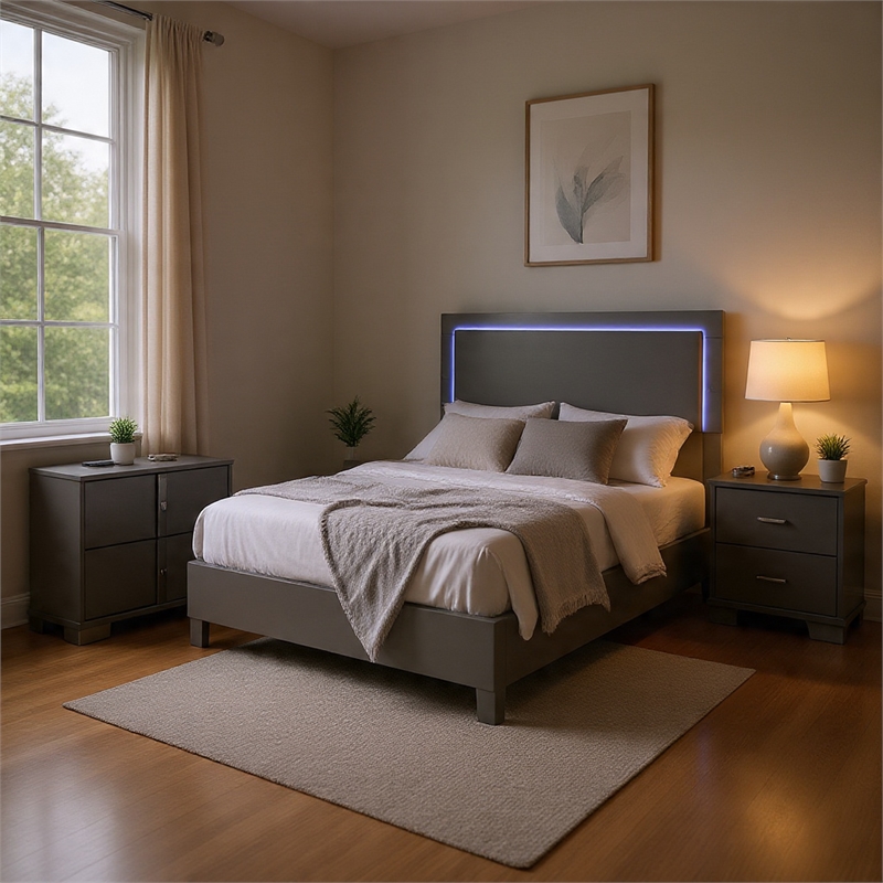 Queen Bedroom Set- Light Taupe- Chrome Silver Wood- 2 Piece Set with Nightstand
