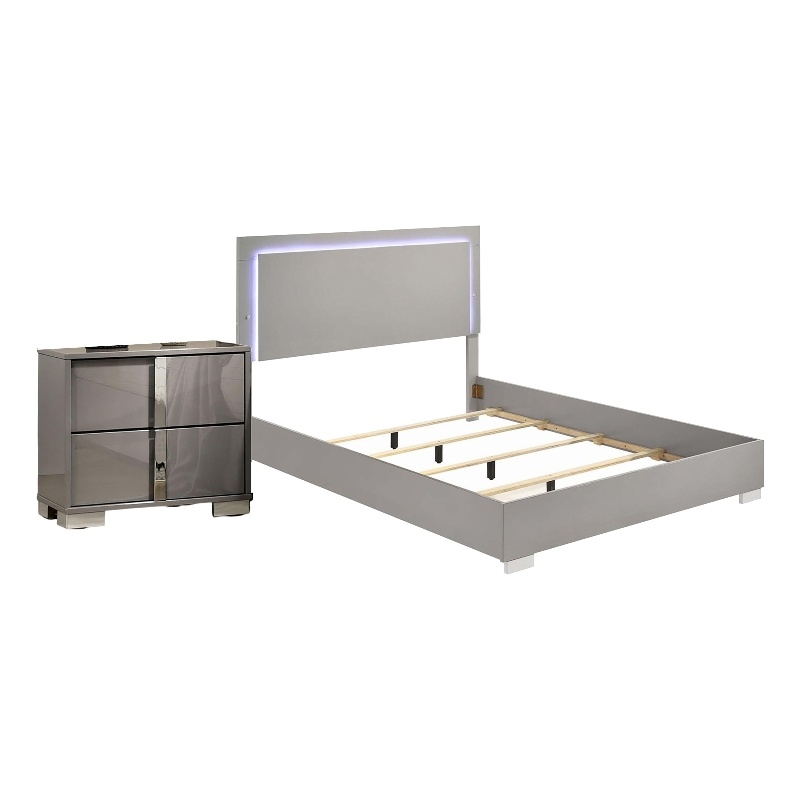Queen Bedroom Set- Light Taupe- Chrome Silver Wood- 2 Piece Set with Nightstand