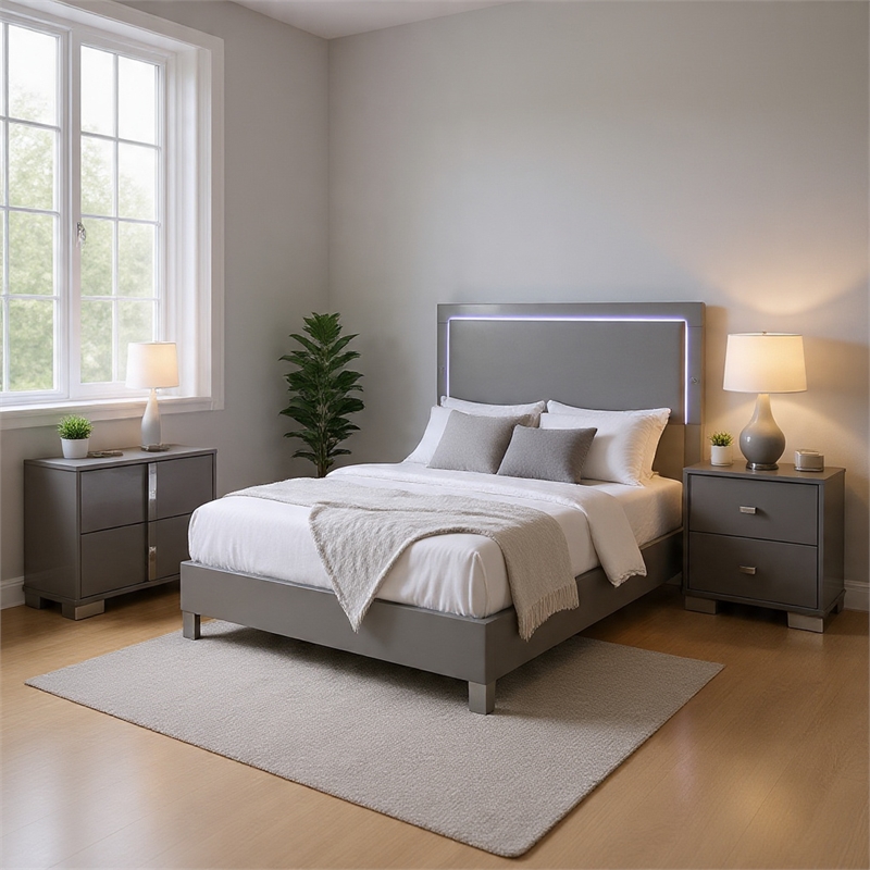 Queen Bedroom Set- Light Taupe- Chrome Silver Wood-3 Piece Set with 2 Nightstand