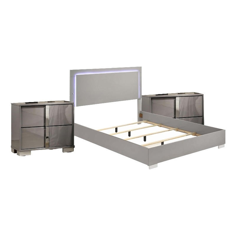 Queen Bedroom Set- Light Taupe- Chrome Silver Wood-3 Piece Set with 2 Nightstand