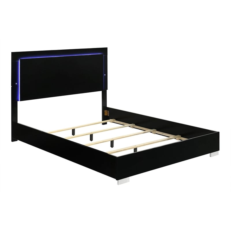 Queen Bedroom Set- Piano Black-Chrome Silver Wood-2 Piece Set with Nightstand