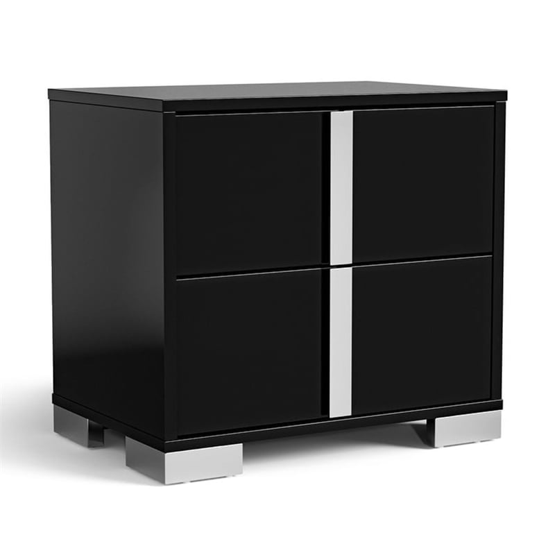 Queen Bedroom Set- Piano Black-Chrome Silver Wood-2 Piece Set with Nightstand