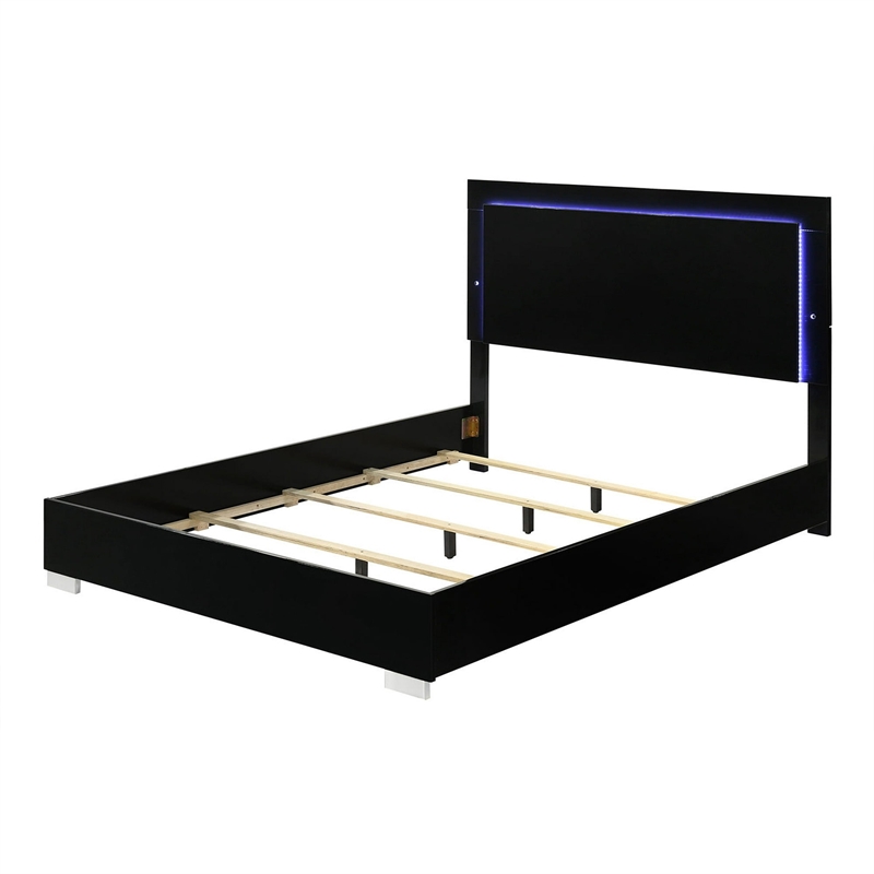 Queen Bedroom Set- Piano Black-Chrome Silver Wood-2 Piece Set with Nightstand