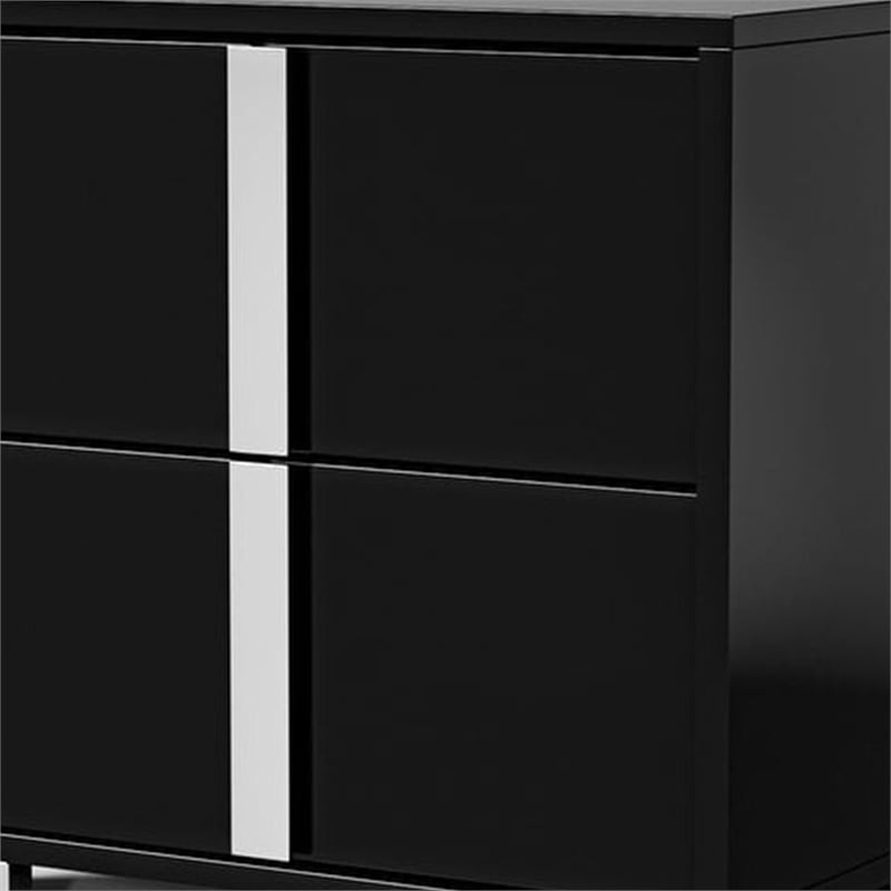Queen Bedroom Set- Piano Black-Chrome Silver Wood-2 Piece Set with Nightstand