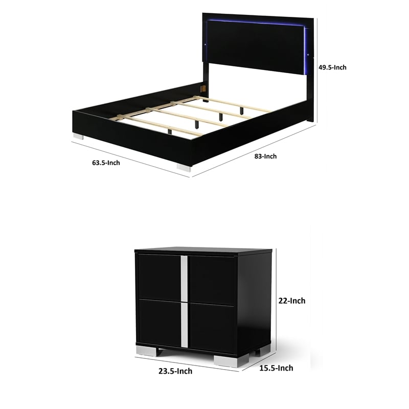 Queen Bedroom Set- Piano Black-Chrome Silver Wood-2 Piece Set with Nightstand
