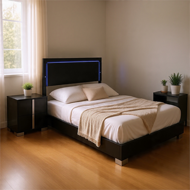 Queen Bedroom Set- Piano Black-Chrome Silver Wood-2 Piece Set with Nightstand