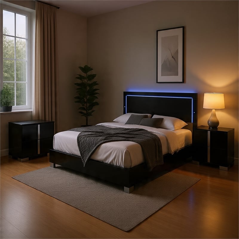 Queen Bedroom Set- Piano Black-Chrome Silver Wood-2 Piece Set with Nightstand