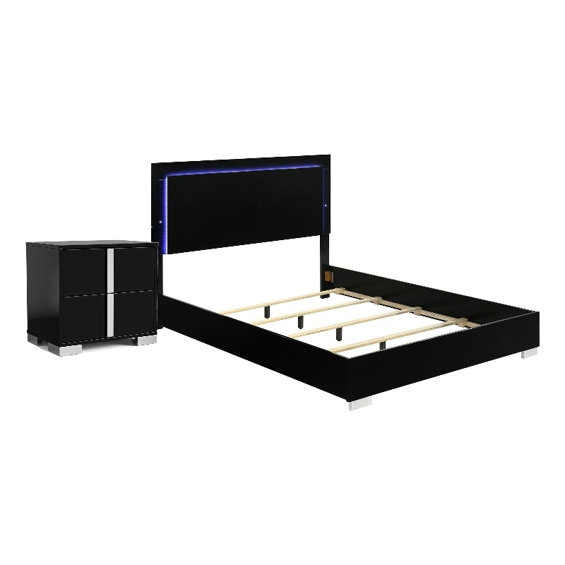 Queen Bedroom Set- Piano Black-Chrome Silver Wood-2 Piece Set with Nightstand