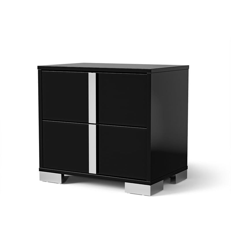 Queen Bedroom Set- Piano Black-Chrome Silver Wood-3 Piece Set w 2 Nightstand