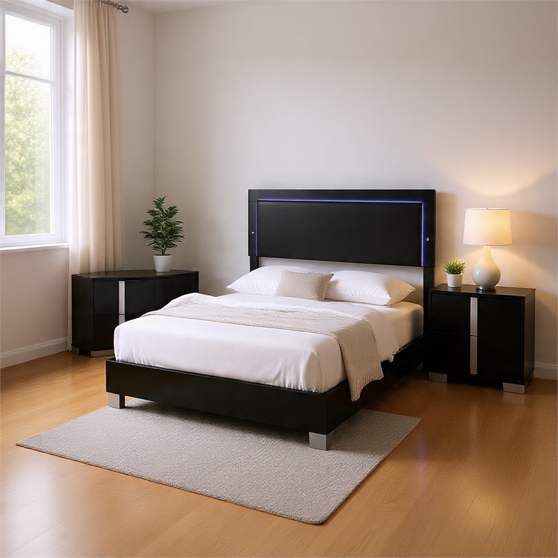 Queen Bedroom Set- Piano Black-Chrome Silver Wood-3 Piece Set w 2 Nightstand