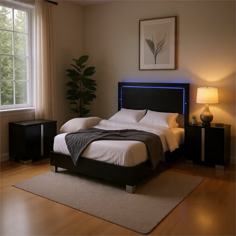 Queen Bedroom Set- Piano Black-Chrome Silver Wood-3 Piece Set w 2 Nightstand