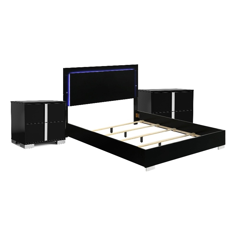 Queen Bedroom Set- Piano Black-Chrome Silver Wood-3 Piece Set w 2 Nightstand