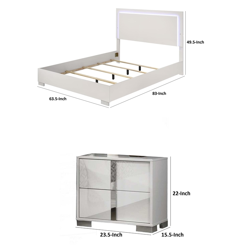 Queen Bedroom Set- White- Chrome- Chrome Silver Wood-2 Piece Set with Nightstand