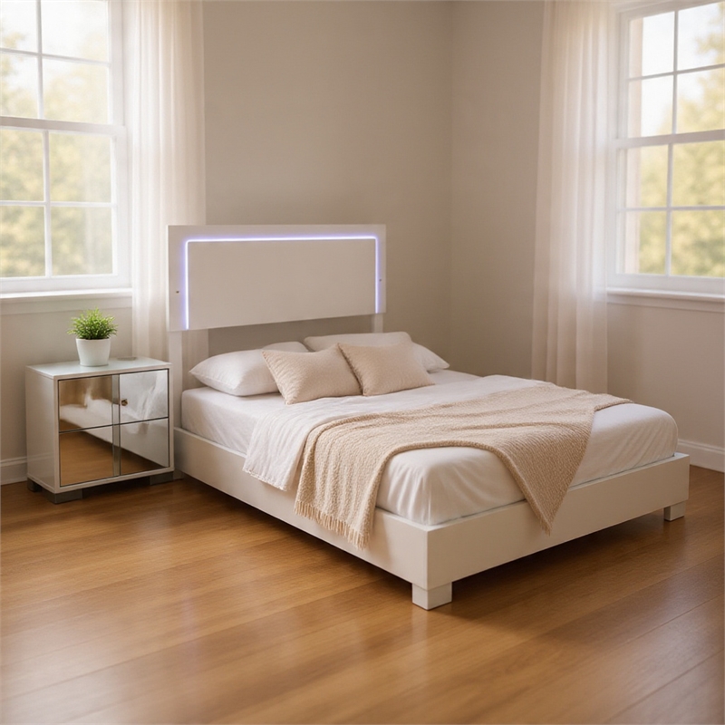 Queen Bedroom Set- White- Chrome- Chrome Silver Wood-2 Piece Set with Nightstand
