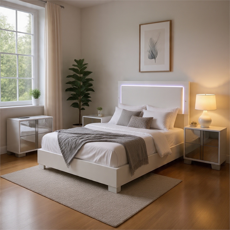 Queen Bedroom Set- White- Chrome- Chrome Silver Wood-2 Piece Set with Nightstand