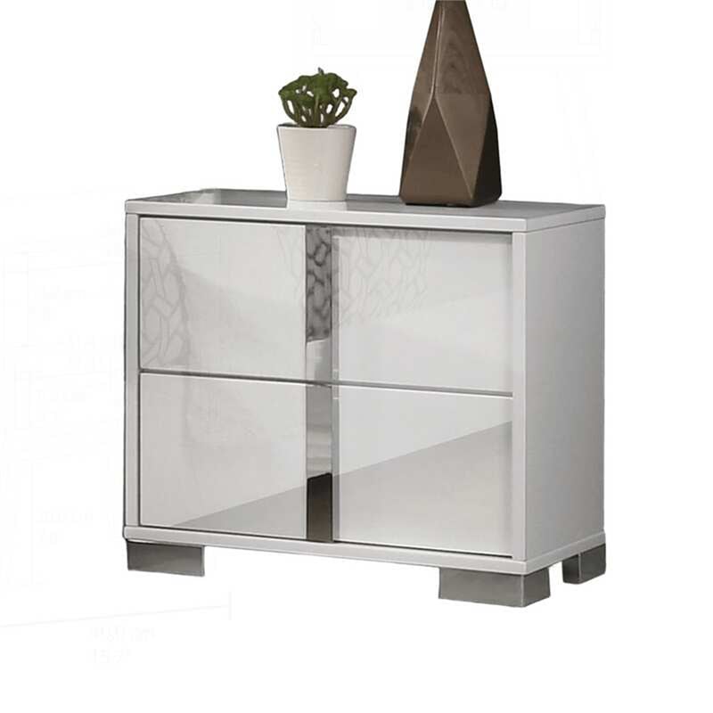 Queen Bedroom Set- White-Chrome Silver Wood- 3 Piece Set with 2 Nightstands