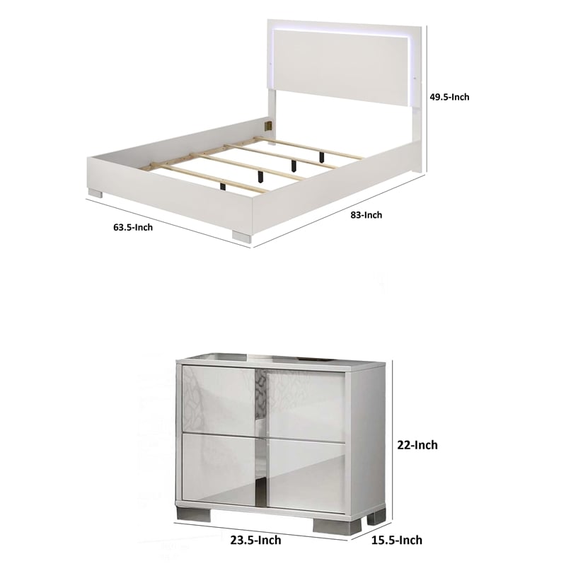 Queen Bedroom Set- White-Chrome Silver Wood- 3 Piece Set with 2 Nightstands