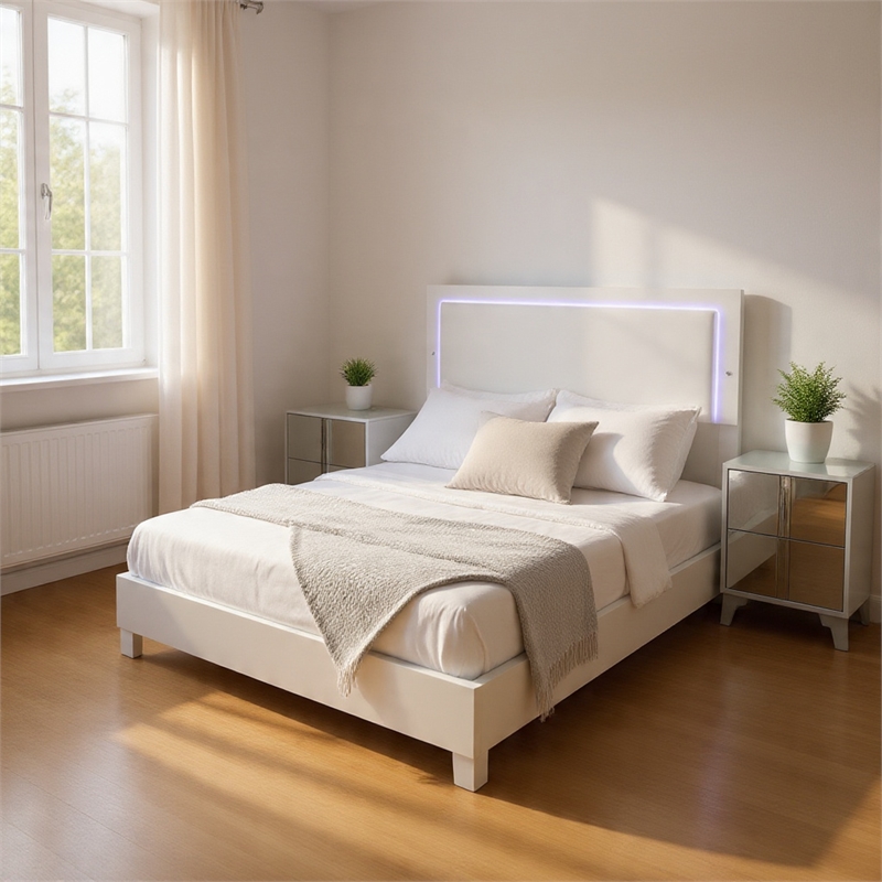 Queen Bedroom Set- White-Chrome Silver Wood- 3 Piece Set with 2 Nightstands