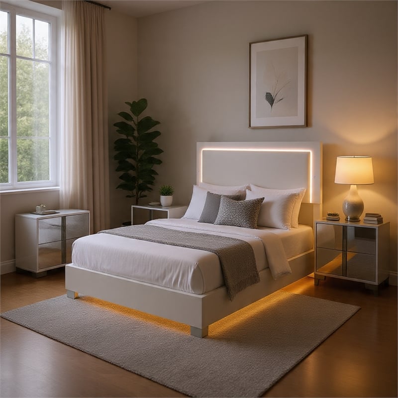 Queen Bedroom Set- White-Chrome Silver Wood- 3 Piece Set with 2 Nightstands