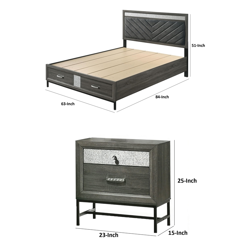 Queen Bedroom Set- Gray- Silver- Black Wood- 2 Piece Set with Nightstand