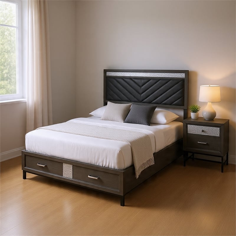 Queen Bedroom Set- Gray- Silver- Black Wood- 2 Piece Set with Nightstand