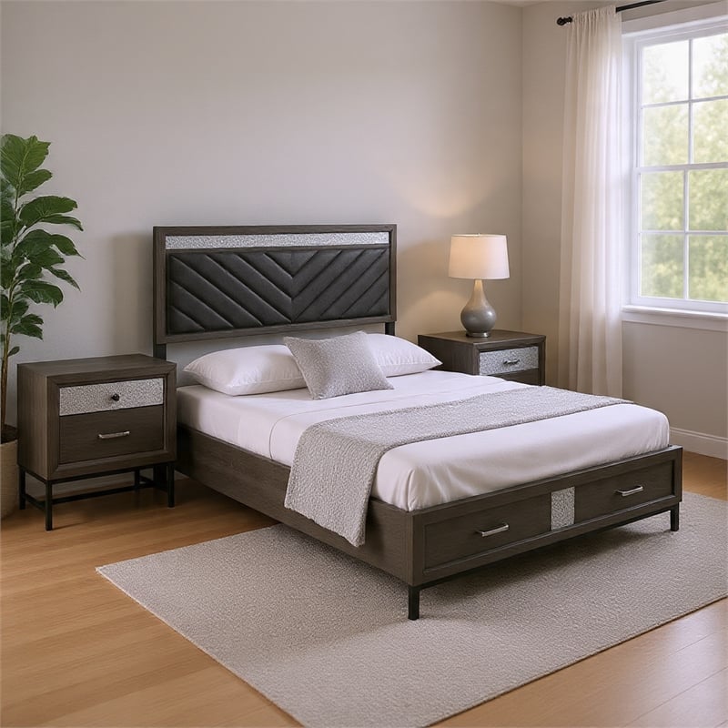 Queen Bedroom Set- Gray- Silver- Black Wood- 2 Piece Set with Nightstand