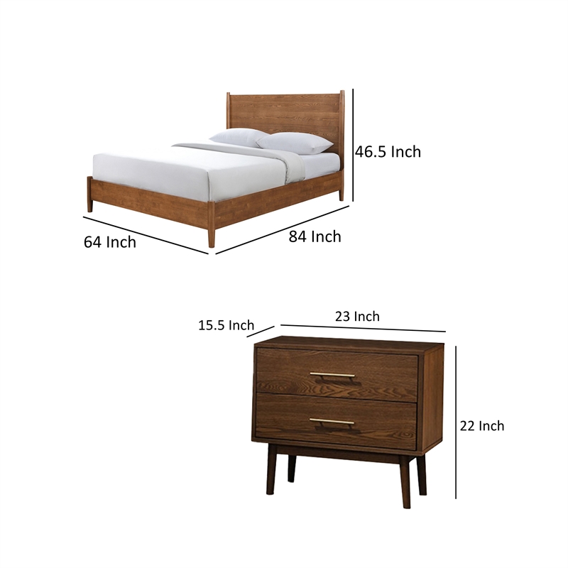 Queen Bedroom Set- Walnut Brown- Nickel Wood- 2 Piece Set with Nightstand