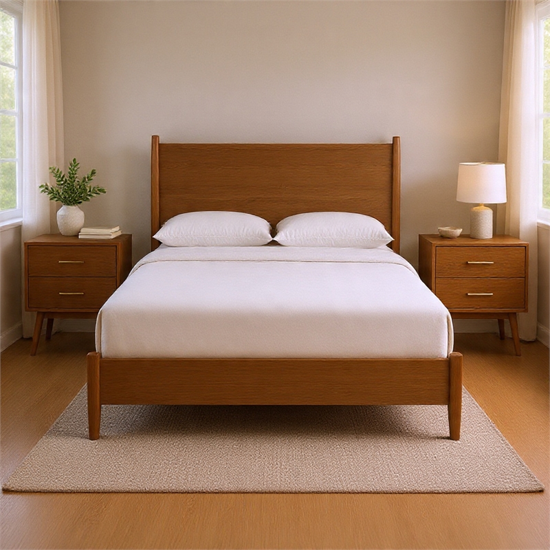 Queen Bedroom Set- Walnut Brown- Nickel Wood- 3 Piece Set with 2 Nightstands