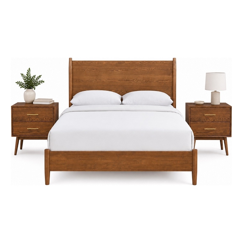 Queen Bedroom Set- Walnut Brown- Nickel Wood- 3 Piece Set with 2 Nightstands