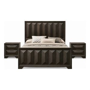 Queen Bedroom Set- Espresso Brown- Nickel Wood- 3 Piece Set with 2 Nightstands