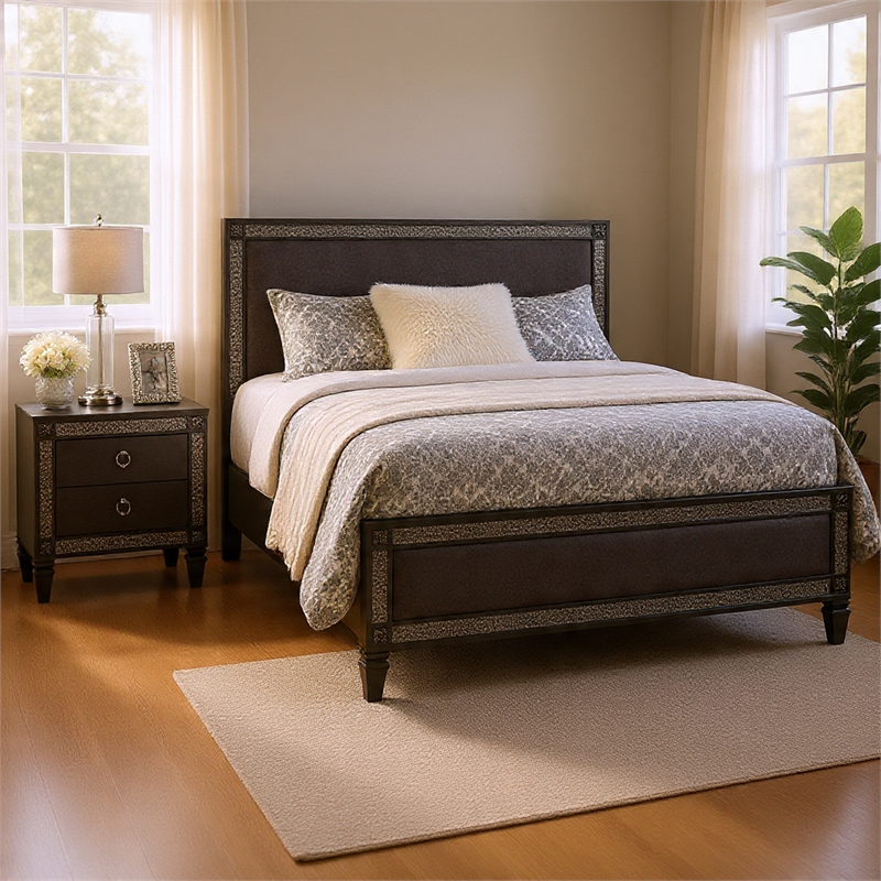 Queen Bedroom Set- Gray- Nickel Wood- 2 Piece Set with Nightstand