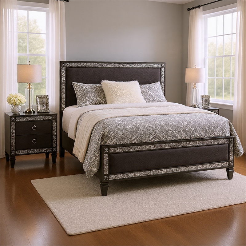 Queen Bedroom Set- Gray- Nickel Wood- 2 Piece Set with Nightstand