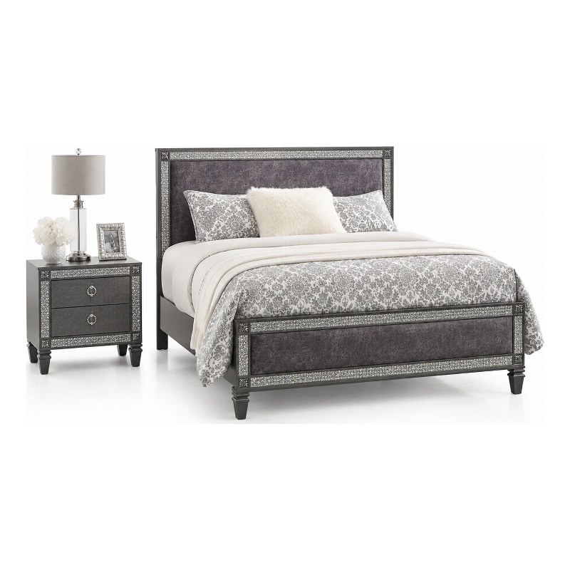 Queen Bedroom Set- Gray- Nickel Wood- 2 Piece Set with Nightstand
