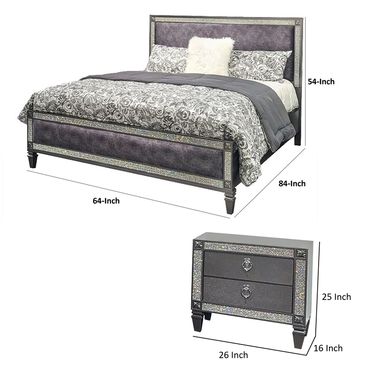 Queen Bedroom Set- Gray- Nickel Wood- 3 Piece Set with 2 Nightstands