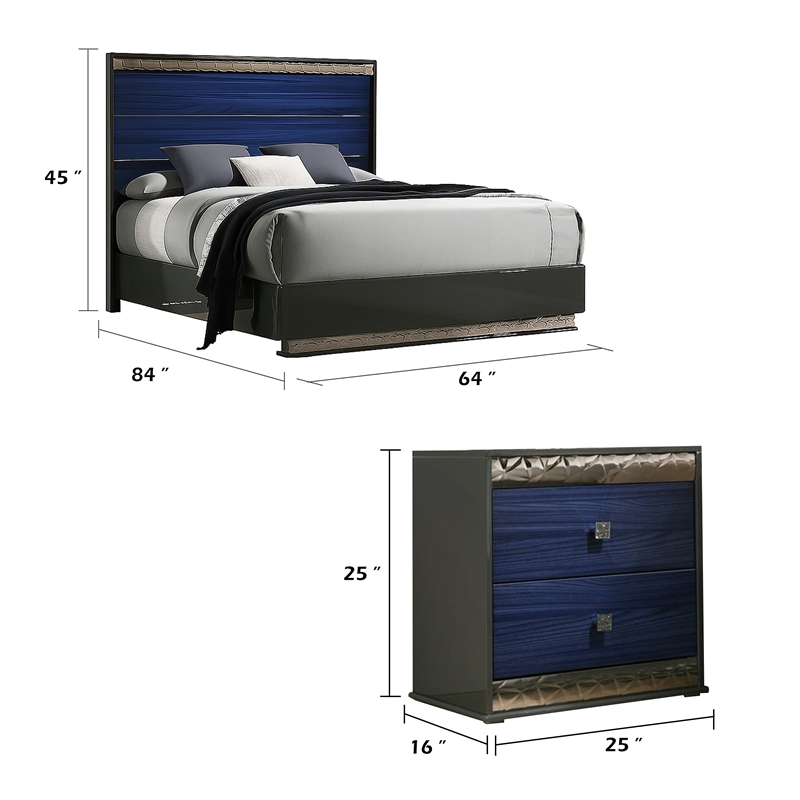 Queen Bedroom Set- Ash Gray- Indigo Blue-Wood- 2 Piece Set with Nightstand