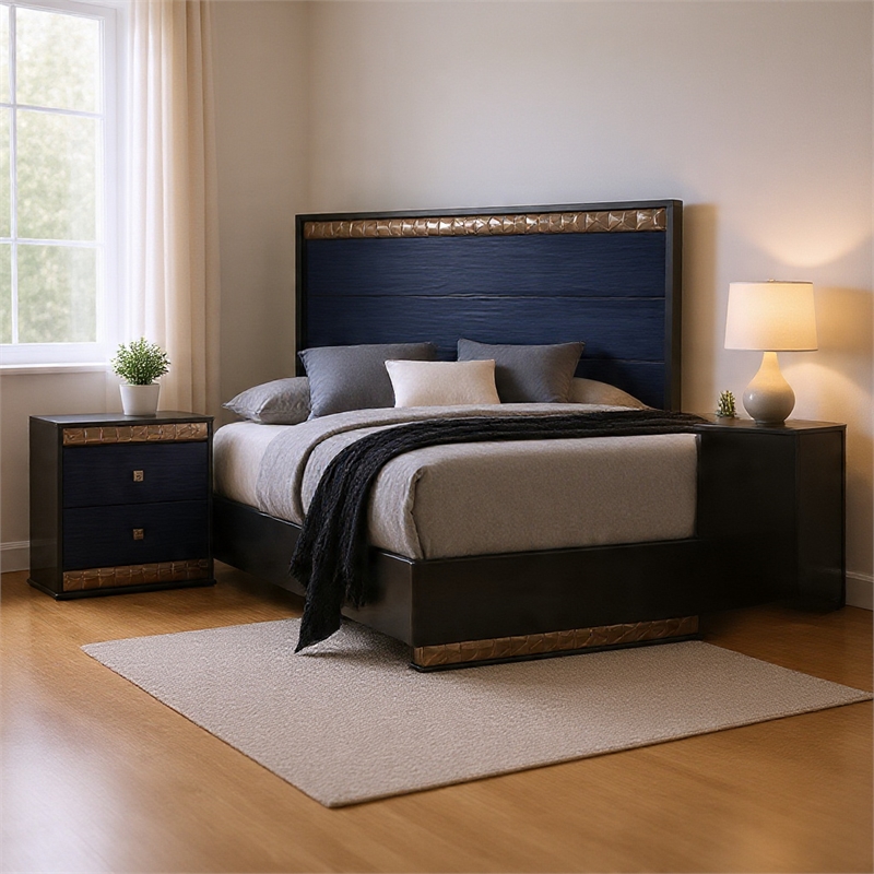 Queen Bedroom Set- Ash Gray- Indigo Blue-Wood- 2 Piece Set with Nightstand